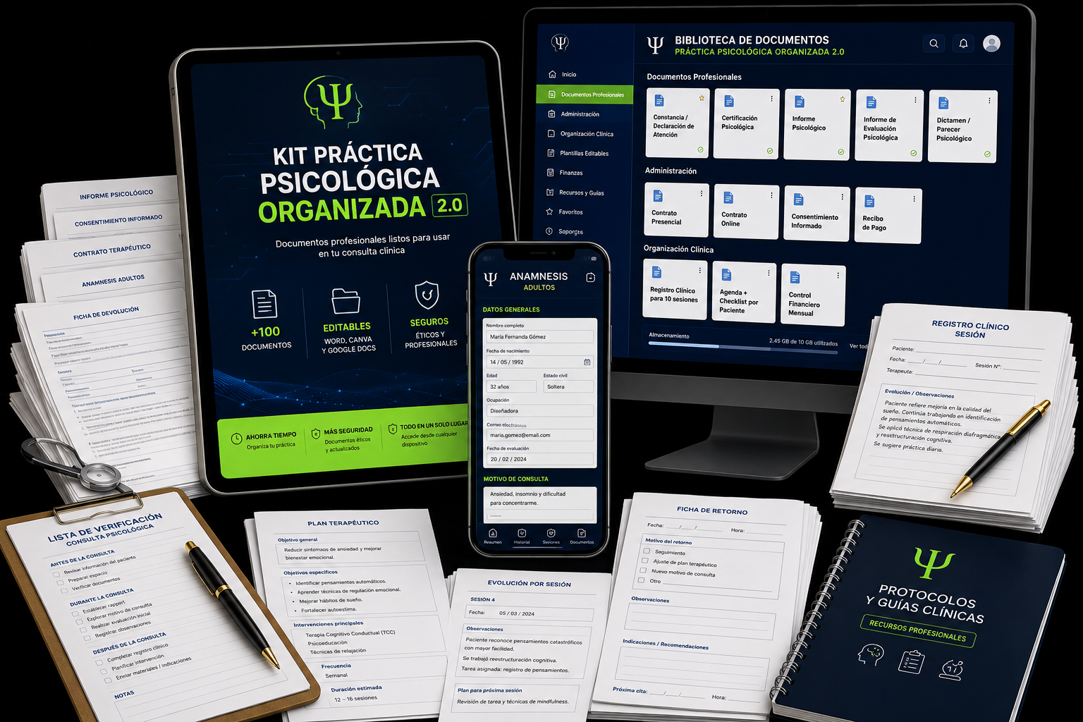 Mockup premium del Kit Práctica Psicológica Organizada 2.0
